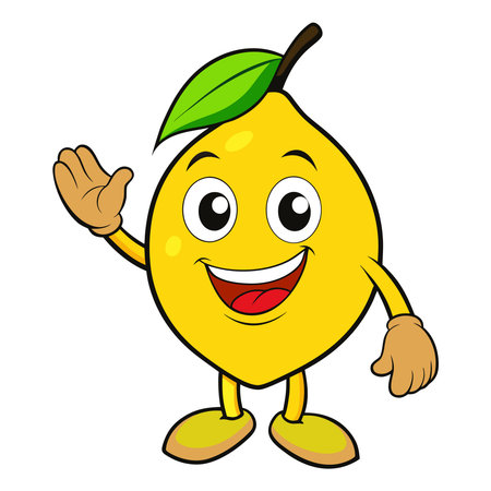 This illustration features a vibrant yellow lemon cartoon character set against a clean white background The lemon is designed with a playful friendly expression complete with large expressive eyes a wide welcoming smile and rosy cheeks It has a single green leaf attached at the top adding a touch of freshness The lemon is standing and appears to be waving with one arm raised in a friendly greeting and the other hanging by its side The characters cheerful disposition and bright colors make it suitable for a variety of uses especially in childrens content educational materials or advertising related to food health or positive emotions The simplicity of the background ensures that the character remains the central focus easily drawing the viewers attention and conveying a sense of joy and lightheartedness This design could be useful for illustrating concepts such as healthy eating friendship or simple fun This smiling lemon is sure to brighten up any project it is used inのイラスト素材