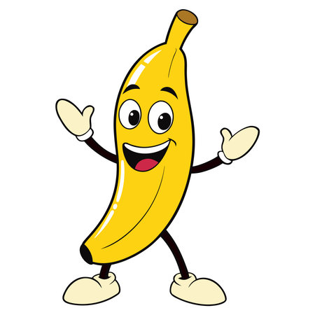 This adorable illustration features a smiling banana cartoon character standing in a welcoming pose The banana has a bright yellow peel big googly eyes and a wide cheerful grin with a red interior Its arms are outstretched with open palms inviting the viewer to engage The character is standing on two legs with beigecolored shoes adding a touch of whimsy The black lines outlining the banana and its features create a crisp and clean aesthetic making it perfect for a variety of projects The solid white background isolates the character emphasizing its playful charm and allowing for easy integration into different designs and layouts This illustration is perfect for use in educational materials childrens books or any project needing a friendly and inviting image to bring a touch of humor and lightheartedness The banana is depicted in a classic cartoon style making it instantly recognizable and universally appealingのイラスト素材