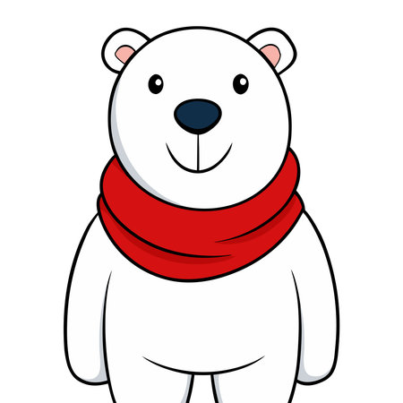 This is a cheerful illustration of a polar bear cartoon character The bear has a friendly smiling face with a round black nose and small black eyes conveying a sense of warmth and approachability The polar bear is adorned with a vibrant red scarf around its neck adding a pop of color and a touch of personality to the character The cartoon style features bold black outlines and flat white coloring creating a clean and simple yet visually appealing design The image is set against a plain white background isolating the character and making it suitable for various creative projects This illustration is perfect for childrens books educational materials greeting cards and other applications where a cute and friendly animal character is needed to capture attention and evoke positive emotions The polar bear illustration can be used to represent winter arctic regions or conservation themes It is sure to bring smiles and joy to any project it is used inのイラスト素材