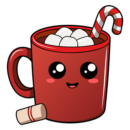 This adorable illustration features a kawaiistyle red mug filled with hot chocolate and fluffy white marshmallows A festive candy cane with red and white stripes sticks playfully out of the mug A smiling face with large black eyes and rosy cheeks is on the front of the mug Adding to the sweetness there is a marshmallow roll beside the mug The cartoonish style and bright colors make this image perfect for winter holiday themed designs childrens books greeting cards or social media posts The overall composition evokes warmth joy and a cozy atmosphere suitable for spreading holiday cheer and promoting seasonal treatsのイラスト素材