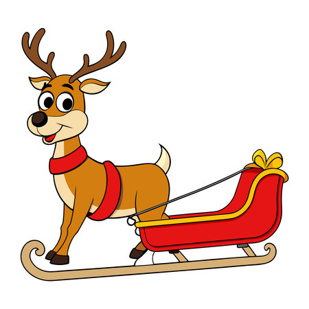 A charming cartoon illustration showcases a reindeer pulling a vibrant red and gold sleigh ideal for Christmas designs and holiday greetings The reindeer is rendered with simple lines and cheerful expression Hes adorned with a red scarf The sleigh features an elegant design with graceful curves a radiant gold trim and a cheerful yellow bow adding a touch of festive sparkle The clear bright colors against a clean white background ensure it will be easily incorporated into various projects The illustration captures a playful spirit perfect for childrens content seasonal advertisements or adding a fun element to any holiday themed composition The image embodies the joyful anticipation and traditional imagery of Christmas making it ideal for evoking feelings of warmth and holiday cheerのイラスト素材