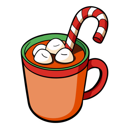 A cheerful and inviting illustration showcases a delightful mug of hot chocolate perfect for the holiday season The mug is a warm orange color with red trim around the rim and handle and a green interior filled with a rich brown hot chocolate topped with three fluffy white marshmallows A classic red and white striped candy cane rests inside the mug adding a touch of festive charm This image is ideal for use in seasonal greeting cards holiday themed advertisements or designs promoting cozy winter beverages The clean lines and bright colors create a visually appealing and welcoming image perfect for capturing the spirit of the holidays It evokes feelings of warmth comfort and the simple joys of the holiday season The illustration is clean and simple perfect for use in a variety of designs The cheerful colors and festive elements create a cozy and inviting image The image is isolated on a white background making it easy to use in a variety of projectsのイラスト素材