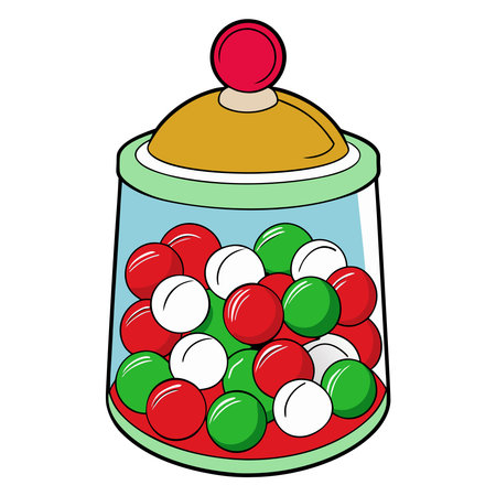 A whimsical illustration showcases a glass jar brimming with an assortment of round gumballs in vibrant shades of red green and white The jar itself is outlined in a cheerful pastel green adding to the overall playful aesthetic Atop the jar sits a golden lid adorned with a prominent red knob completing the design The illustration is clean and simple with a focus on bold colors and clear lines making it visually appealing and reminiscent of classic candy shop imagery The composition is straightforward and inviting with the gumballs filling the jar to create a sense of abundance and sweetness This image is perfect for designs relating to candy shops childrens books or any project needing a touch of lighthearted fun and nostalgic charm evoking memories of childhood treats and playful momentsのイラスト素材