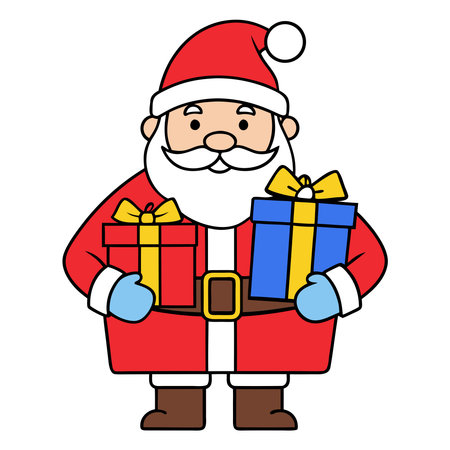 A cheerful cartoon image of Santa Claus standing tall with a full white beard and rosy cheeks embodies the spirit of Christmas cheer He is dressed in his iconic red suit complete with a white fur trim and a matching red hat adorned with a fluffy white pompom Santa is holding two beautifully wrapped Christmas presents one in each hand One gift is red with a bright yellow ribbon while the other is a festive blue also with a yellow ribbon His jolly smile and sparkling eyes convey the joy and excitement that comes with the holiday season This festive illustration is perfect for greeting cards holiday promotions or any design that needs a touch of Christmas magic and childlike wonder creating a warm and inviting atmosphere for all who see it Santa is ready to spread holiday cheer and deliver presents to children around the worldのイラスト素材