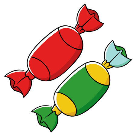 This whimsical illustration features two colorful candies each wrapped in a distinct manner The candy on the left is enveloped in a vibrant red wrapper creating a bold and eye catching visual In contrast the candy on the right boasts a green and yellow wrapper combination offering a contrasting yet equally appealing aesthetic The wrappers are meticulously detailed with a crinkled texture adding a touch of realism to the cartoonish design Both candies are placed diagonally on a clean white backdrop allowing the colors to truly pop and draw the viewers attention The simple composition enhances the focus on the candies themselves making them the clear stars of the image This delightful illustration is perfect for adding a touch of sweetness and fun to any projectのイラスト素材