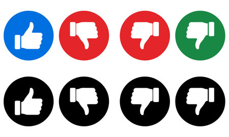 This is a collection of thumbs up and thumbs down icons arranged neatly against a white background Each icon is contained within a colored circle including blue red green and black The thumbs up gestures are meant to convey approval agreement or positive feedback while the thumbs down gestures represent disapproval disagreement or negative feedback The design is clean and minimalistic making it suitable for various digital platforms presentations or any situation where expressing opinions or feedback quickly is necessary The various colors add a visual dimension and potential for colorcoded categorization of sentiments They can be used to represent satisfaction levels feedback mechanisms or indicators of user preference in different situations These symbols are a standard way of communicating yes or no opinions in the digital worldのイラスト素材