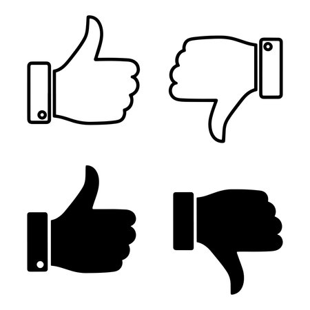 This illustration shows four icons representing approval and disapproval two thumbs up icons and two thumbs down icons The thumbs up icons are symbols of agreement acceptance positivity and endorsement One thumbs up icon is a simple black silhouette while the other is an outline drawing filled with white The thumbs down icons represent disagreement rejection negativity and disapproval Similarly one thumbs down icon is a solid black silhouette and the other is a black outline on a white background These icons are commonly used in social media ratings online reviews and feedback mechanisms to quickly convey opinions and sentiment These clear and universally understood symbols can be used to design user interfaces websites mobile applications and other digital media designs that require binary feedback options They can also be employed in presentations marketing materials and educational resources to illustrate positive and negative viewpoints or to gather audience opinions on different topics or proposalsのイラスト素材