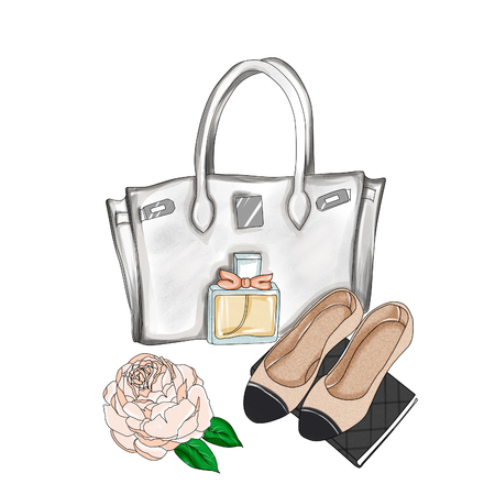 watercolor illustration - Fashion Illustration - Hand drawn raster background - designer bag and flat shoesの写真素材