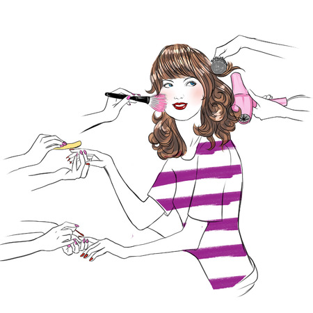 Young woman having beauty treatment at beauty salon - hand drawn raster illustrationの写真素材
