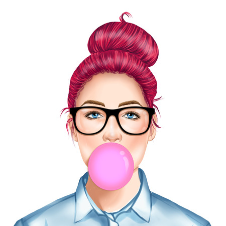 Hand drawn Raster Illustration - Fashion Illustration of beautiful young pretty girl with glasses chewing bubble gumの写真素材