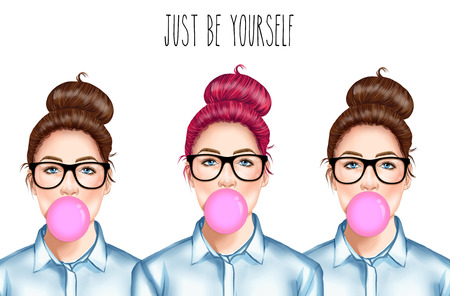 Hand drawn Raster Illustration - Fashion Illustration of beautiful young pretty girl with glasses chewing bubble gumの写真素材