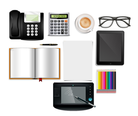 Realistic illustration of desk with office itemsの写真素材