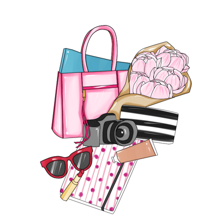 Hand drawn fashion illustration - Background - Fashion designer bag with various itemsの写真素材