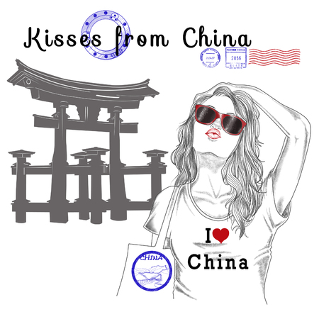 Fashion Illustration - Postcard - Girl with monument background and post stamps - Beijing - China - Asiaの写真素材