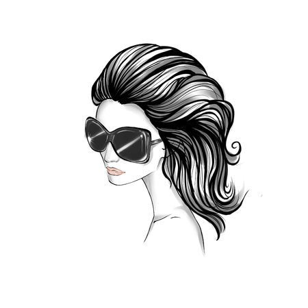 Black and White portrait of elegant woman wearing sunglasses with long wavy hairの写真素材