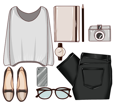 Fashion set of woman's clothes, accessories, and shoesの写真素材