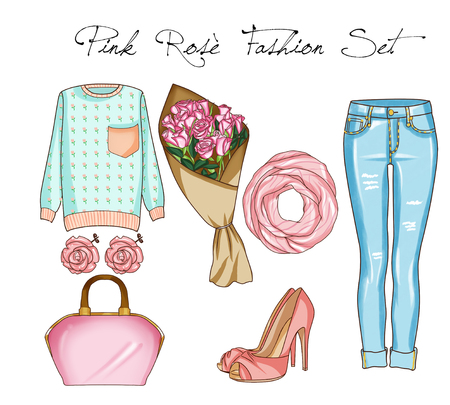 Fashion set of woman's clothes, accessories, and shoesの写真素材