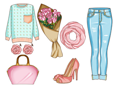 Fashion set of woman's clothes, accessories, and shoesの写真素材