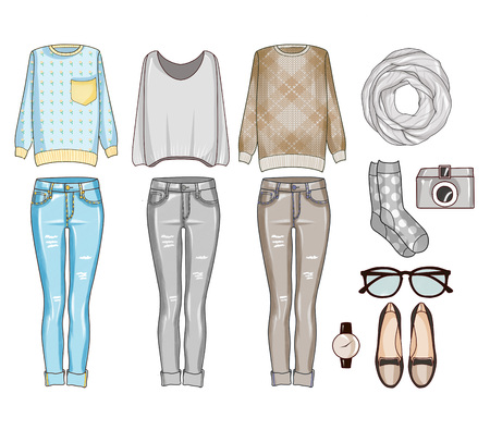 Fashion set of woman's clothes, accessories, and shoesの写真素材