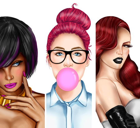 Collage of different illustrations girlsの写真素材