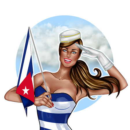 Digital hand drawn Illustration - Pin Up girl Holding Cuba Flagの写真素材