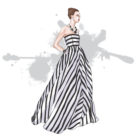 watercolor illustration of fashion model wearing striped long dressの写真素材