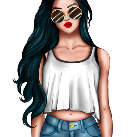 Hand drawn cartoon character - girl wearing crop top and sunglassesの写真素材