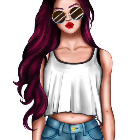 Hand drawn cartoon character - girl wearing crop top and sunglassesの写真素材