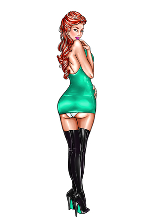 Raster hand drawn illustration of a sexy pin up girl wearing short dressの写真素材
