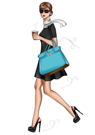 ILLUSTRATION OF A GIRL WALKING WITH A CUP OF COFFEEの写真素材