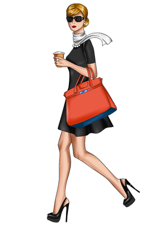 ILLUSTRATION OF A GIRL WALKING WITH A CUP OF COFFEEの写真素材