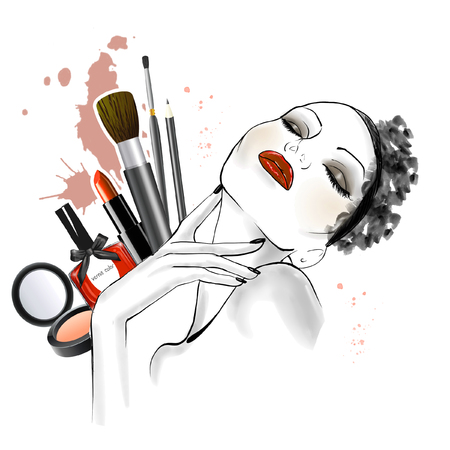 Hand drawn sketch of woman face with different types of make up on background - line art sketch - beautiful woman illustrationの写真素材
