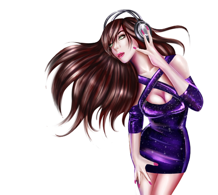 Hand Drawn Illustration raster of young dj girl with headphonesの写真素材