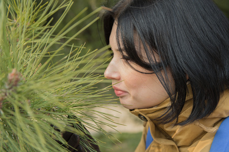 brunette girl enjoying the smell of pine needles