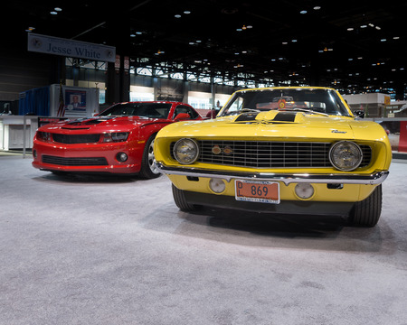 CHICAGO, IL USA - FEBRUARY 6, 2014  1969 and 2014 Chevrolet  Chevy  Yenko Camaro cars at the Chicago Auto Show  CAS  のeditorial素材