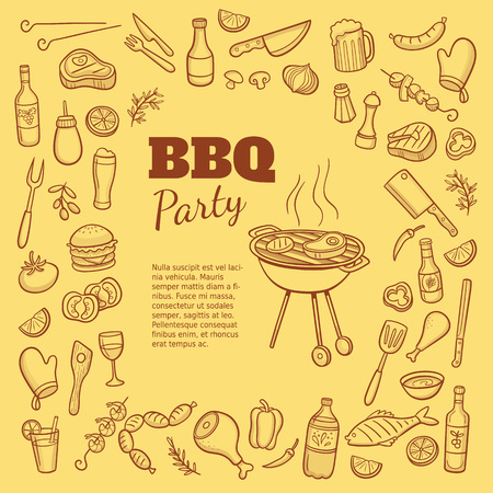 Collection of hand drawn elements and a BBQ party cartoon style barbecue. Vector illustration.のイラスト素材