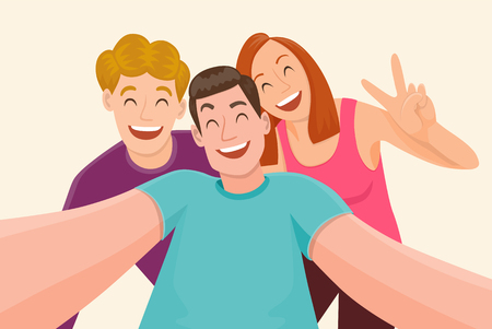 Group of three friends taking a selfie and laughing, Friendship and youth concept, Vector illustration.のイラスト素材