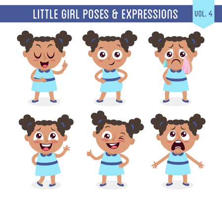 Character design set of a cute little black girl in different poses. Cartoon style illustration, isolated on white background. Body gestures and facial expressions. Vector illustration.のイラスト素材