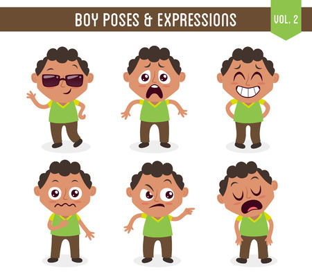Character design set of a cute black boy in different poses. Cartoon style illustration, isolated on white background. Body gestures and facial expressions. Vector illustration. Set 2 of 8.のイラスト素材