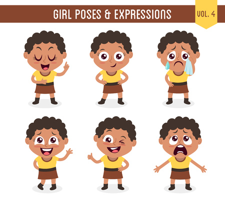 Character design set of a cute black girl in different poses. Cartoon style illustration, isolated on white background. Body gestures and facial expressions. Vector illustration. Set 4 of 8.のイラスト素材