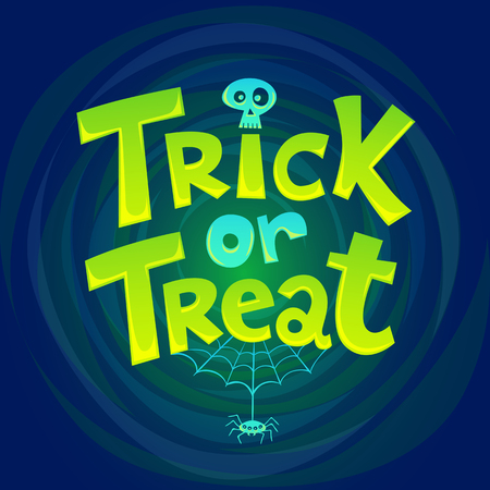 Trick or treat hand lettering halloween with a spiderweb and a skull. Perfect for greeting cards, posters, prints, stickers, banners or party emblems. Vector illustration.のイラスト素材