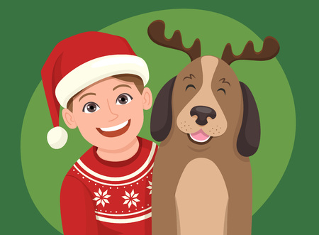 Christmas portrait of a girl with his dog. The girl is wearing a Santa Claus hat and the dog is wearing a diadem with reindeer horns. Vector illustration.のイラスト素材
