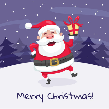 Christmas greeting card. Santa Claus dancing in the snow and holding a present. Vector illustration. のイラスト素材