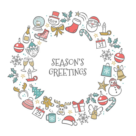 Christmas greeting card. Hand drawn isolated elements creating a circle around "Season's Greetings" text. Vector illustration.のイラスト素材