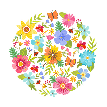 Colorful round shape made from flowers. Seasonal background. Can be used for greeting and wedding cards, gifts, postcards, invitations. Vector illustration.のイラスト素材