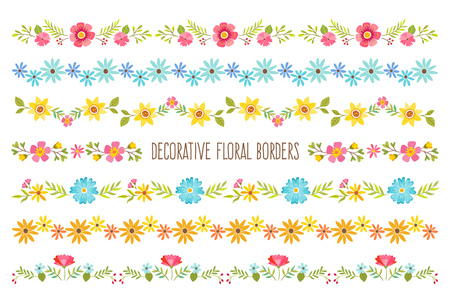 Set of colorful decorative floral borders. Perfect for create floral frame designs and text dividers. Vector illustration.のイラスト素材