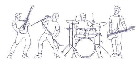 Rock musicians illustration in continuous single line drawing style. Dynamic and minimalistic design. Isolated characters playing rock music. のイラスト素材