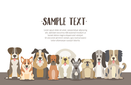 Herd of dogs background illustration with sample text in the top. Sat dogs in front view position. Vector illustration.のイラスト素材