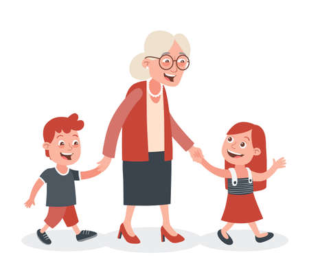 Grandmother with their grandchildren walking, she takes them by the hand. One boy and one girl. Cartoon style, isolated on white background. Vector illustration.のイラスト素材
