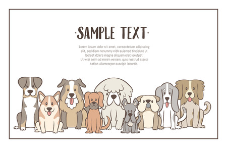 Herd of dogs with sample text. Hand drawn illustration background. Sat dogs in front view position. Vector illustration.のイラスト素材